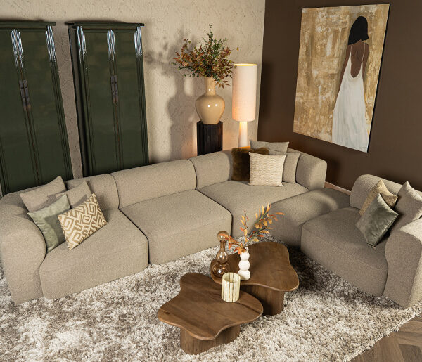 Elementenbank Emanuelle grijs beige stof strakke ronde hoeken - Lounge Zwolle
