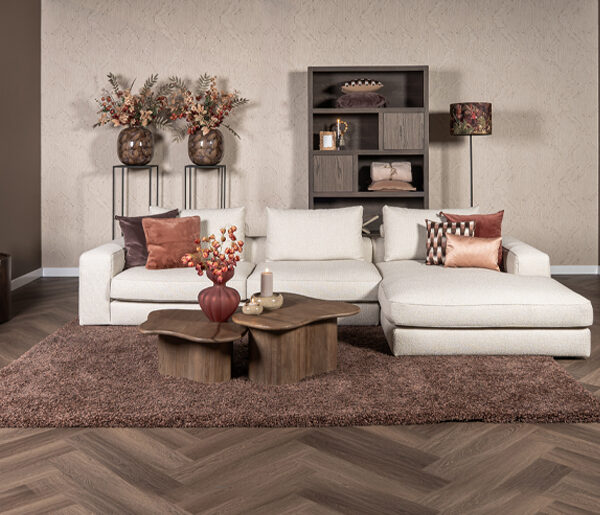 Hoekbank Eva beige liggedeelte met kussens - Woonwinkel Lounge Zwolle