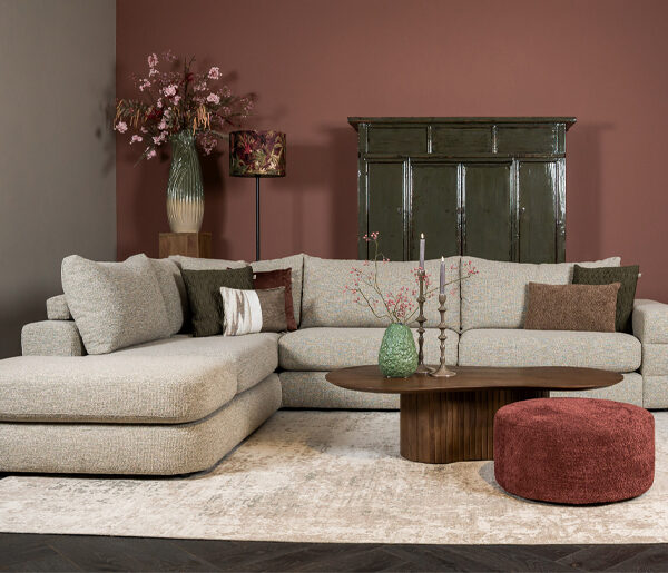 Hoekbank Delphine beige stof met liggedeelte - Woonwinkel Lounge Zwolle