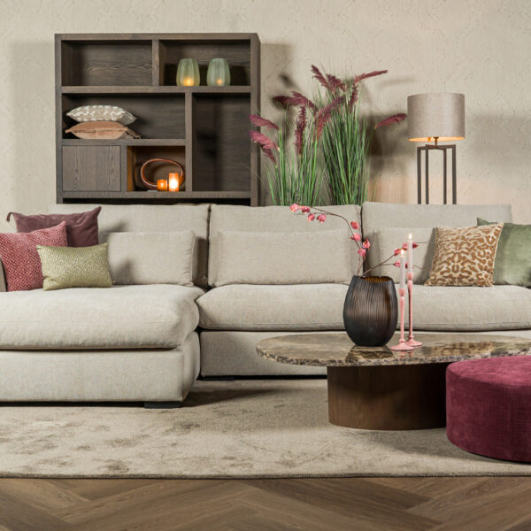 Hoekbank Elena beige stof met lendenkussens - Woonwinkel Lounge Zwolle