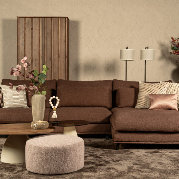 Hoekbank Carmen bruin stof met losse kussens - Lounge Zwolle woonwinkel